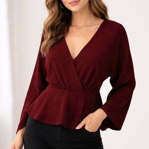 LONDON ROSE Burgundy Plum Deep V Surplice Peplum Dolman Sleeve Top